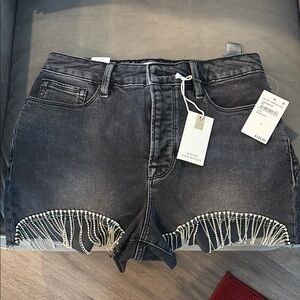 Good American Black Jean Shorts with Beaded Fringe